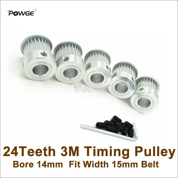 POWGE 5pcs שיניים 24 3M תיזמון גלגלת נשא 14mm להתאים את רוחב 15מ HTD 3M תזמון חגורה 24T 24Teeth HTD 3M גלגלת מכונת חריטת CNC